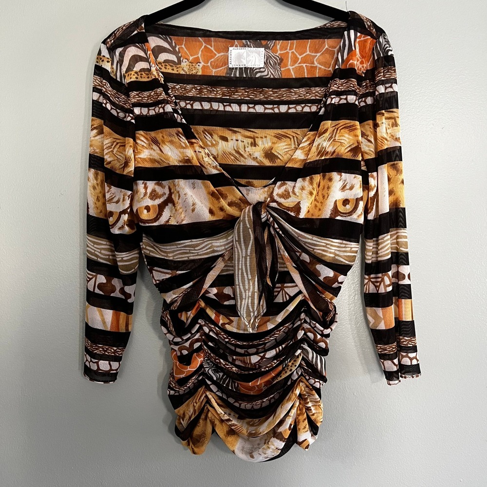 Alberto Makali Animal Print Mesh Top Ruched Tie Front V-Neck 3/4 Mob Wife y2K L